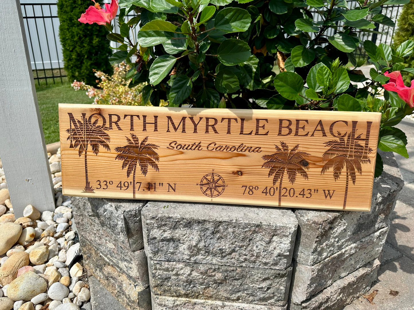 Town Coordinates w/ Palm Trees - Customizable - Cedar Sign