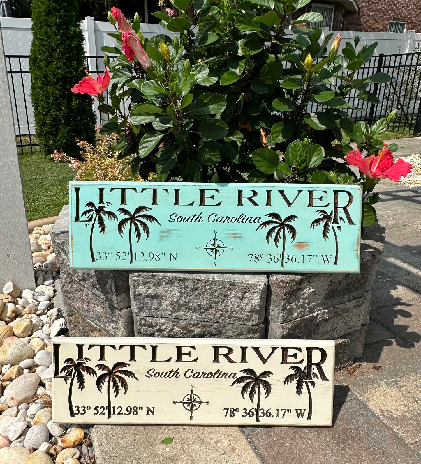 Town Coordinates w/ Palm Trees - Customizable - Cedar Sign