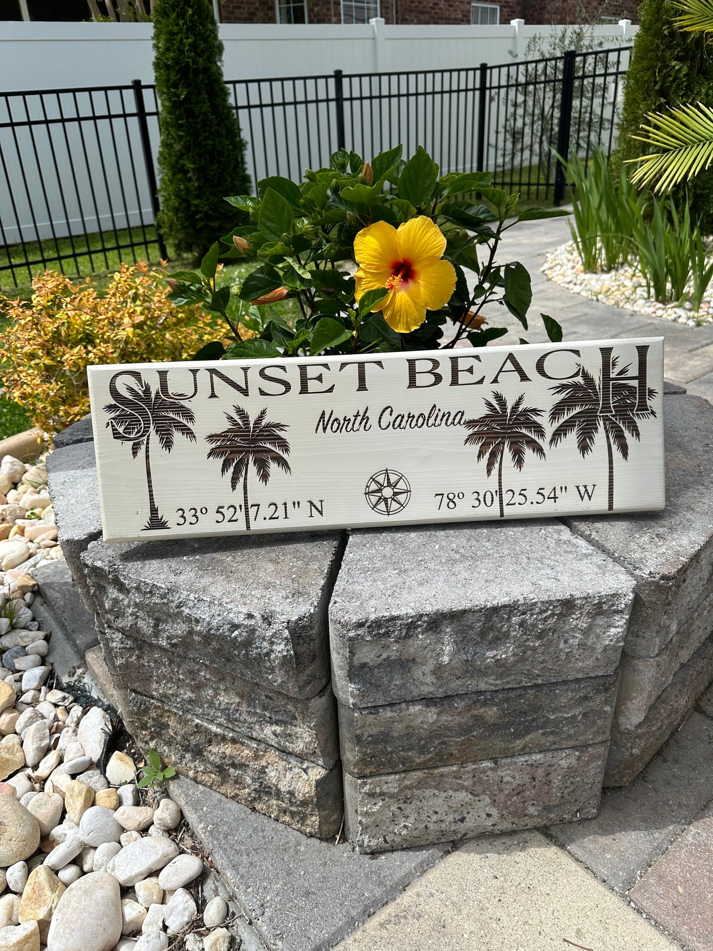 Town Coordinates w/ Palm Trees - Customizable - Cedar Sign